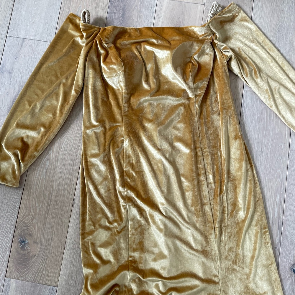 NWT Formal Dress oyisha special occasion maxi velvet mustard dress off shoulder - Picture 15 of 16